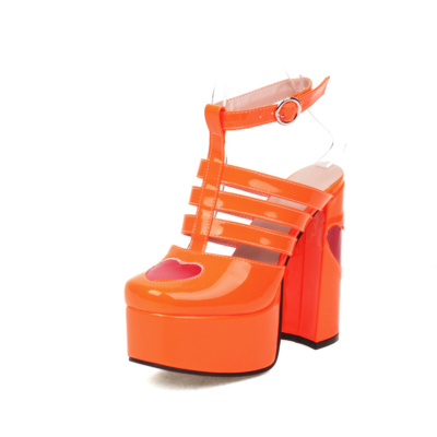 Neonoranje platform T-band Strappy Chunky High Heels Heart Backless Dress Shoes