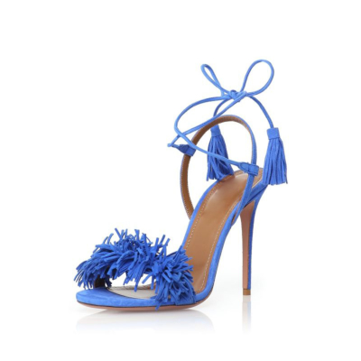 Blauwe open teen veterschoenen naaldhakken sandalen mode franje schoenen
