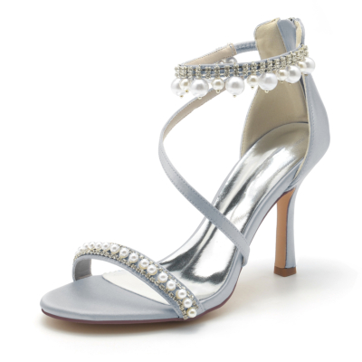 Zilveren open teen parel en strass enkelbandje sandalen naaldhak trouwschoenen