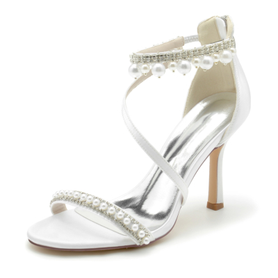 Witte open teen parel en strass enkelbandje sandalen naaldhak trouwschoenen