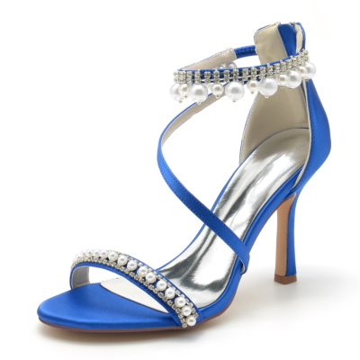 Koningsblauw open teen parel en strass enkelbandje sandalen naaldhak trouwschoenen