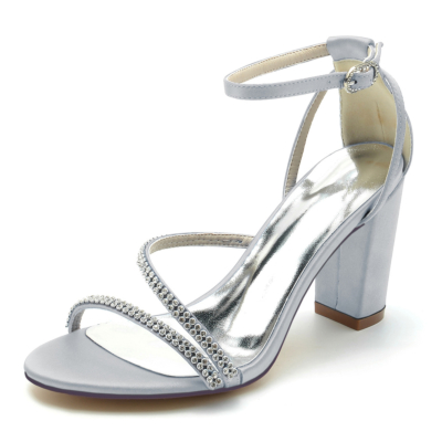 Zilveren open teen strass enkelband dikke hak satijnen bruiloft sandalen
