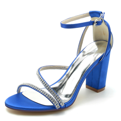 Koningsblauw open teen strass enkelband dikke hak satijn bruiloft sandalen
