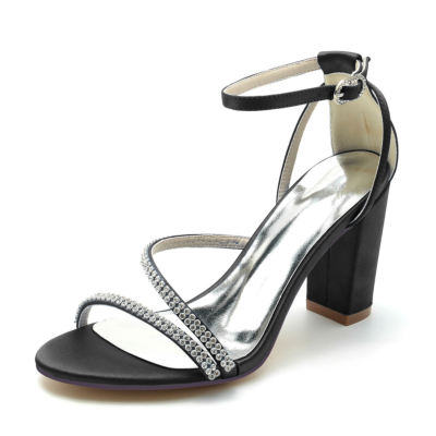 Zwarte open teen strass enkelband dikke hak satijn bruiloft sandalen