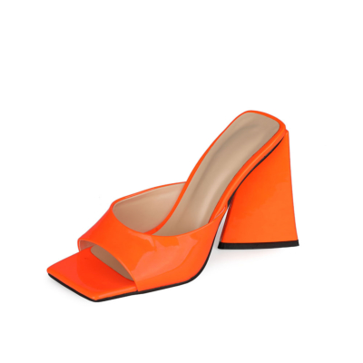 Oranje lakleer partij muilezel sandalen vierkante teen dia's met blokhak 4 inch