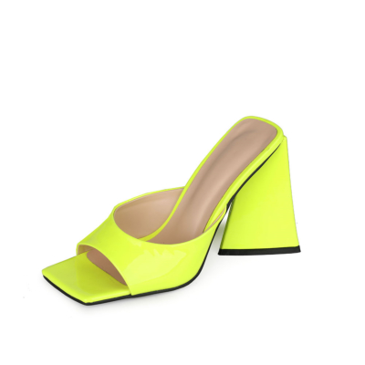 Neon limoen lakleer partij muilezel sandalen vierkante teen dia's met 4 inch blokhak