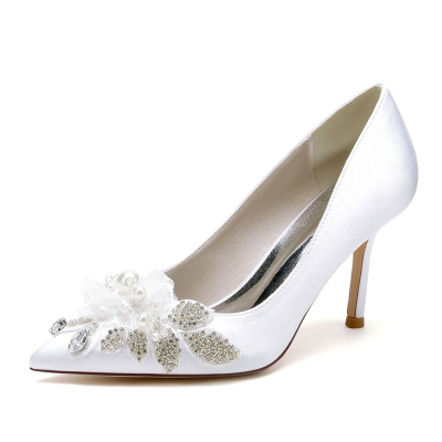 White Pearl and Rhinestone Pointed Toe Stiletto Heel Pumps Wedding Shoes