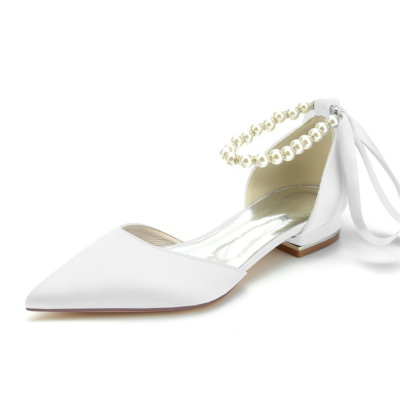 D'orsay schoenen met witte parel enkelband satijnen platte neus D'orsay voor werk