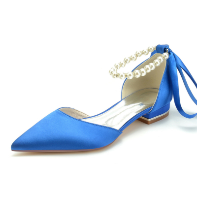 Koningsblauwe parel enkelband satijnen flats D'orsay schoenen met spitse neus voor op het werk