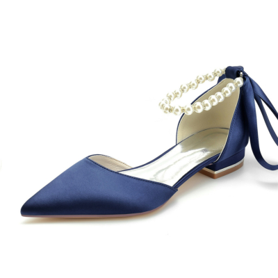 D'orsay-schoenen voor op het werk, marineblauw, satijnen platte schoenen met enkelband en spitse neus