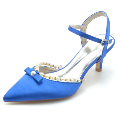 Koningsblauwe parel strik enkelbandje lage hakken spitse neus comfortabele pumps schoenen