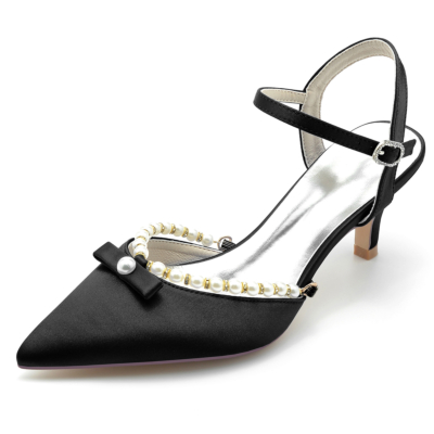 Zwarte parel strik enkelband lage hakken spitse neus comfortabele pumps schoenen