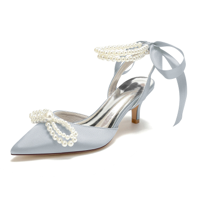 Silver Pearl Bow Satin Pointed Toe Kitten Heel Strappy Slingback Sandals