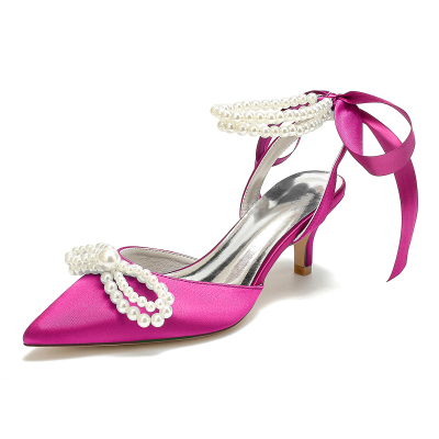 Magenta Pearl Bow Satin Pointed Toe Kitten Heel Strappy Slingback Sandals