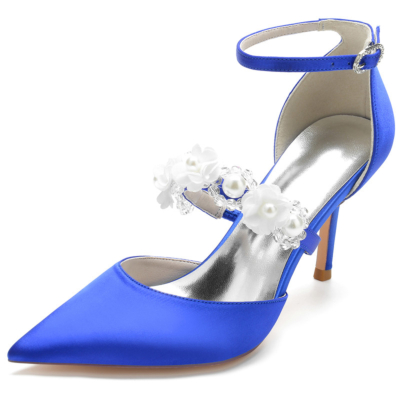 Royal Blue Pearl verfraaid riem D'orsay pumps satijn naaldhakken voor bruiloft