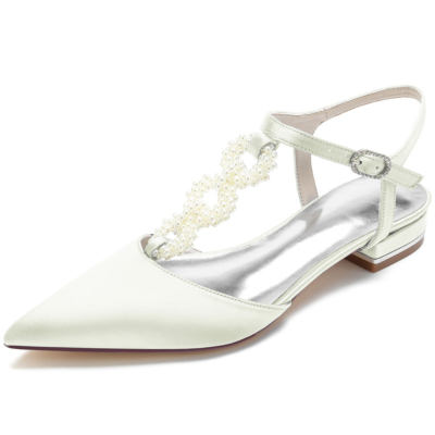 Ivory Pearl verfraaid T-Strap Flats backless satijnen platte schoenen voor bruiloft