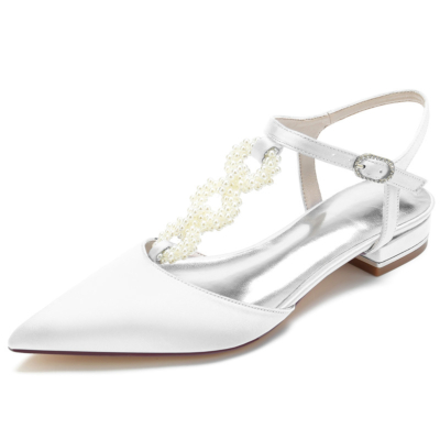 White Pearl verfraaid T-Strap Flats backless satijnen platte schoenen voor bruiloft