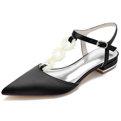 Black Pearl verfraaid T-Strap Flats backless satijnen platte schoenen voor bruiloft