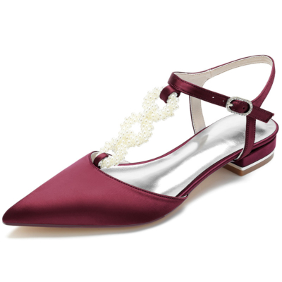 Burgundy Pearl verfraaid T-Strap Flats backless satijnen platte schoenen voor bruiloft