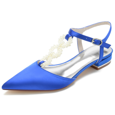 Royal Blue Pearl verfraaid T-Strap Flats backless satijnen platte schoenen voor bruiloft