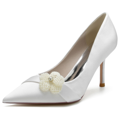 Witte parel bloem gesp satijnen bruids pumps naaldhak schoenen