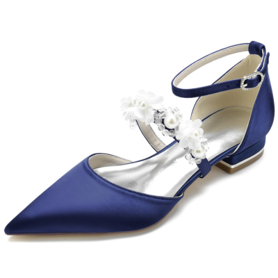 Marineblauwe parelbloemen riem platte schoenen Satijn D'orsay bruids bruiloft flats