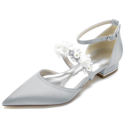 Grijze parel bloemen band platte schoenen satijn D'orsay bruids bruiloft flats
