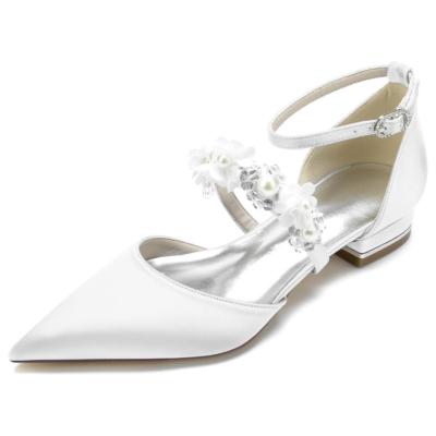 Witte parel bloemen riem platte schoenen satijn D'orsay bruids bruiloft flats