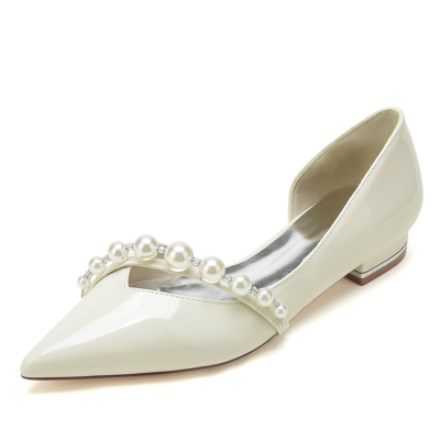 Beige parelband bruiloft D'orsay platte schoenen puntige teen bruids platte schoenen