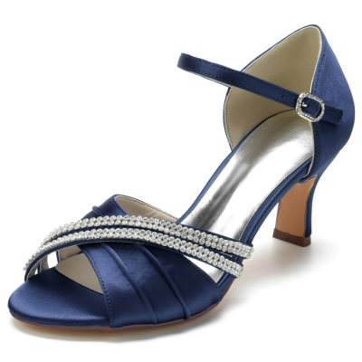 Marineblauwe peep toe verfraaide sandalen met enkelbandje D'orsay met blokhakken