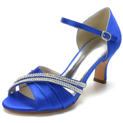 Koningsblauwe peep toe verfraaide sandalen met enkelbandje D'orsay met blokhakken