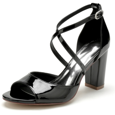 Zwarte Peep Toe Sandal Cross Strap Chunky Heel Comfortabele sandalen Hakken voor jurk