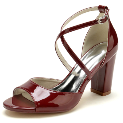 Burgundy Peep Toe Sandal Cross Strap Chunky Heel Comfortabele sandalen Hakken voor jurk