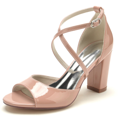 Roze Peep Toe Sandal Cross Strap Chunky Heel Comfortabele sandalen Hakken voor jurk