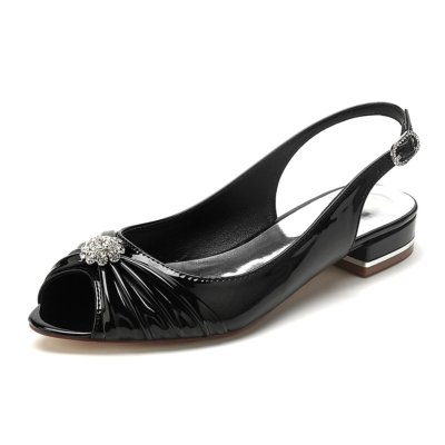Zwarte Peep Toe Slingback Flats Jeweled Flower Flat Shoes voor dans
