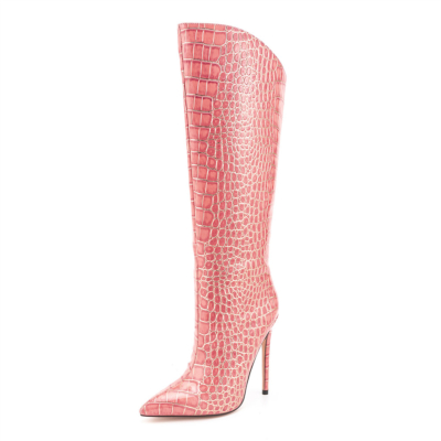 Pink Snake Print Stiletto Heel Party Pull On kniehoge laarzen voor jurk