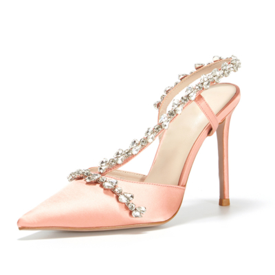 Roze satijnen kristallen kruisbandje hakken sandalen gesloten teen bruids slingback schoenen