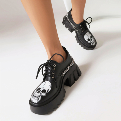 Zwart Mat Platform Chunky Heel Lace Up Loafers Cross Chain Gothic schoenen