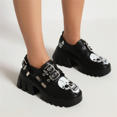 Zwarte mat platform loafers dikke hak gesp dubbele riem schedel print gotische schoenen