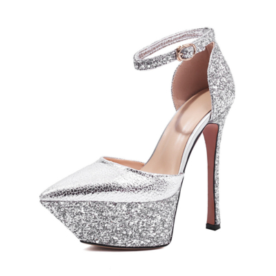 Zilver glitter enkelbandje platform stiletto sandalen D'orsay avondsandalen schoenen