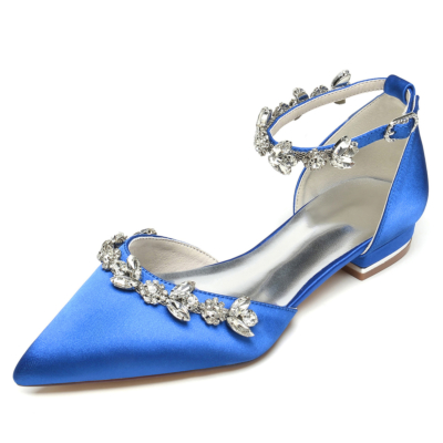 Koningsblauwe puntschoen met strass enkelbandje en platte bruiloftsschoenen