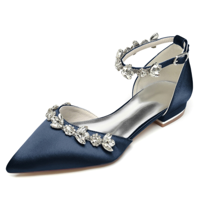Marineblauwe platte schoenen met puntige neus en strass enkelbandje voor bruiloft