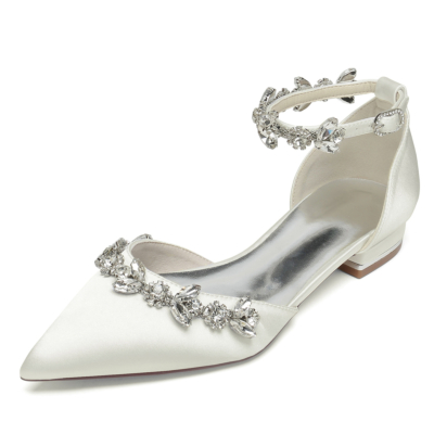 Ivoorkleurige puntschoen met strass enkelbandje bruiloft platte schoenen