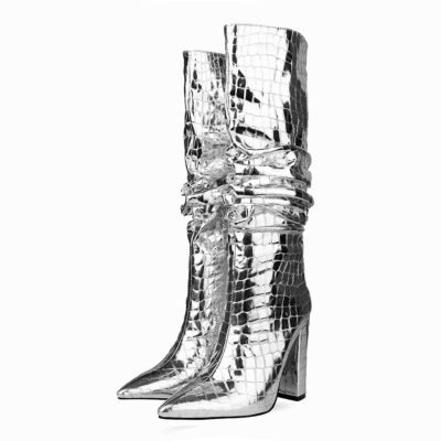 Zilverkleurige puntige teen krokodillenprint blokhak metallic kniehoge laarzen