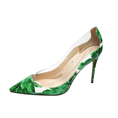 Groene PU-leer en doorzichtige damesschoenen met puntige teen transparante pomp 4 inch naaldhakken