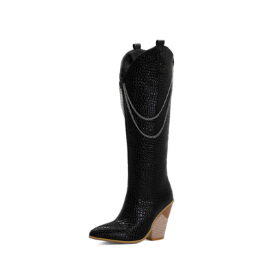 Zwarte cowgirl laarzen met hak en slangeneffect Kniehoge laarzen