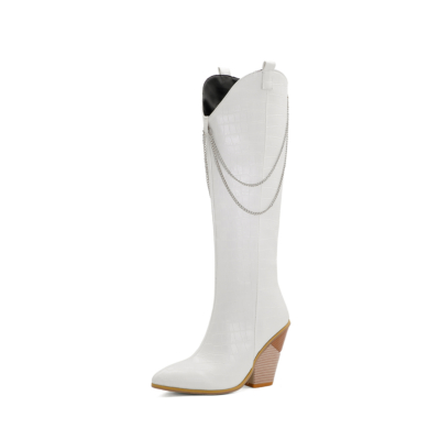 Witte cowgirl laarzen met hak en slangeneffect Kniehoge laarzen