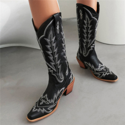 Zwarte retro cowboylaarzen vierkante neus blokhak prints kniehoge laarzen