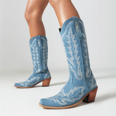 Blauwe retro cowboylaarzen vierkante neus blokhak prints kniehoge laarzen