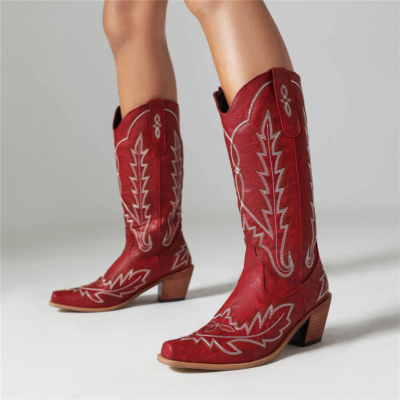 Bordeauxrode retro cowboylaarzen Kniehoge laarzen met vierkante neus en blokhakprint